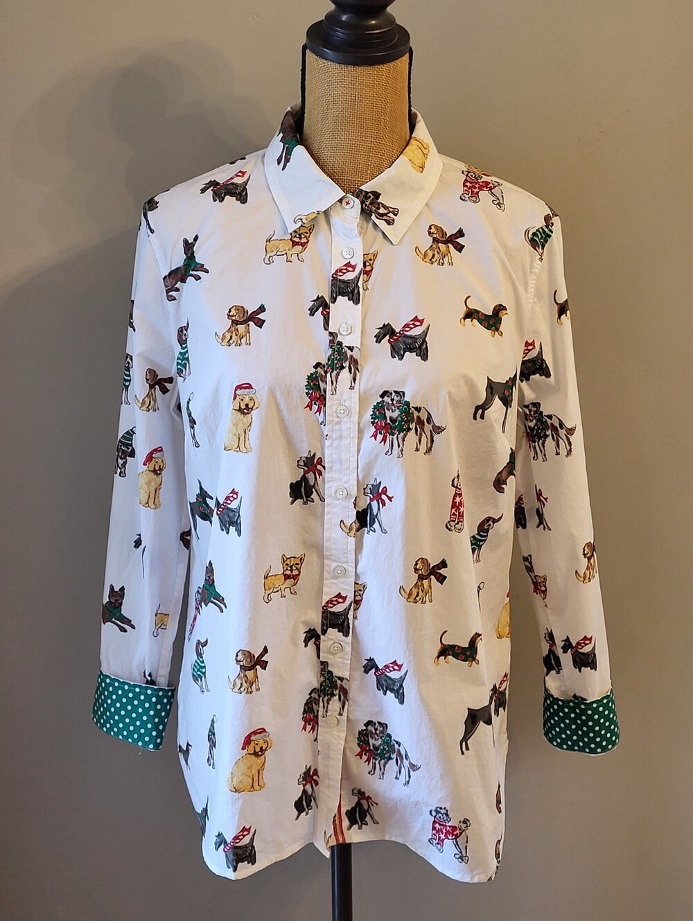 Talbots Large Cotton Dogs Of Christmas Button-up Blouse NWT